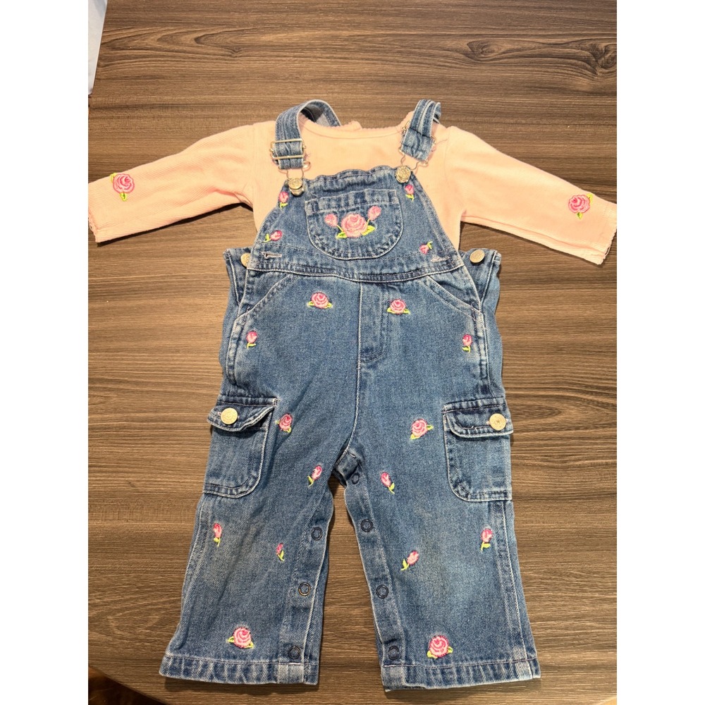 Unknown brand Baby Girls Rose Embroidered Denim Overalls and Shirt Set 12 Months